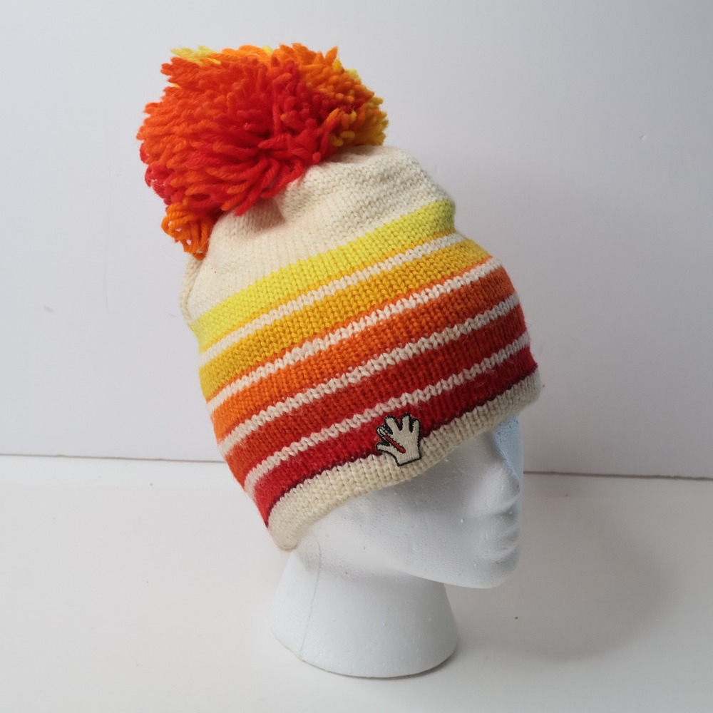 Vintage 70s Woolmark Pure Wool Striped Pom Pom Beanie Hat Yellow Orange Red Knit